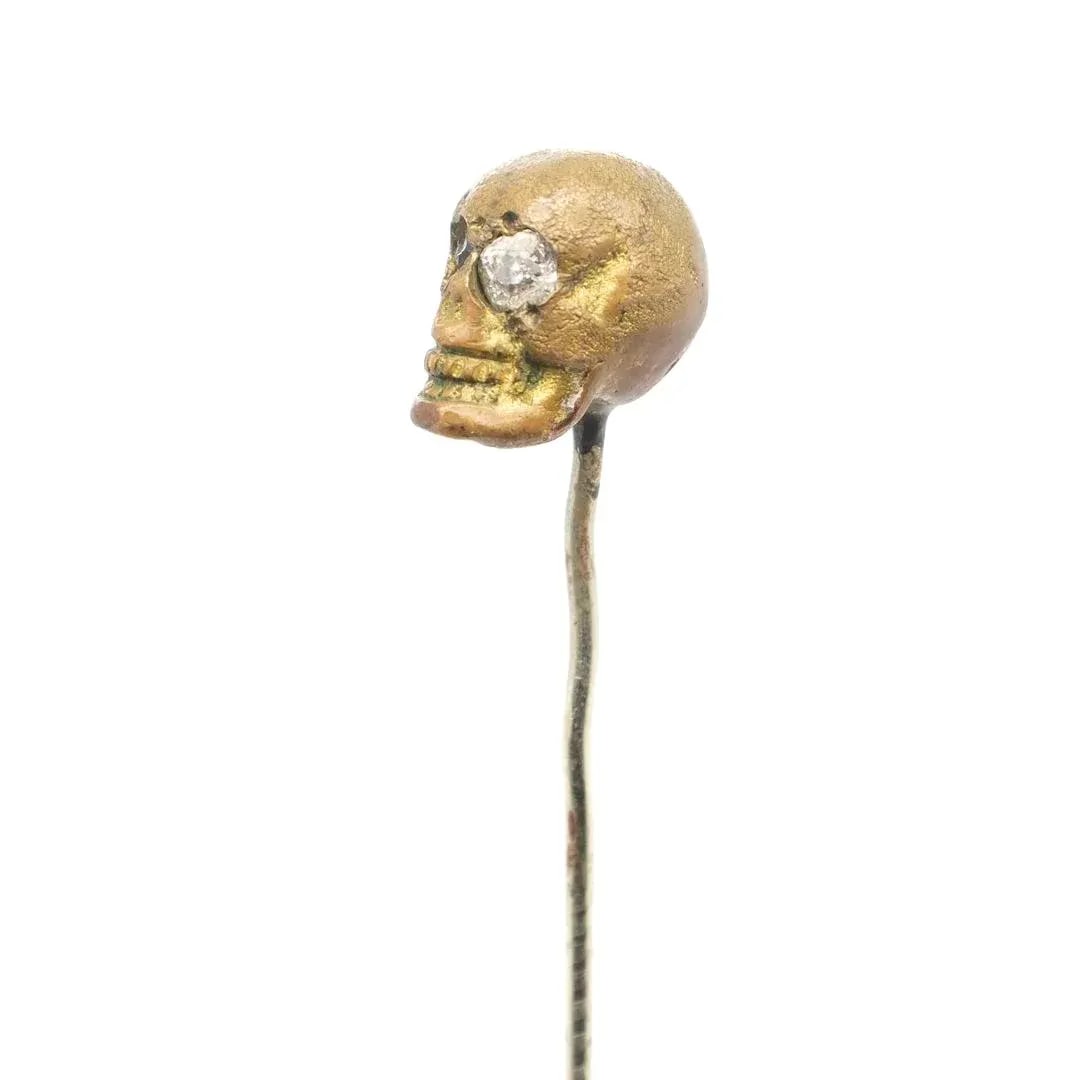 Old or Antique Estate Bronze Skull Memento Mori Stick Pin With Glass Eyes - 5