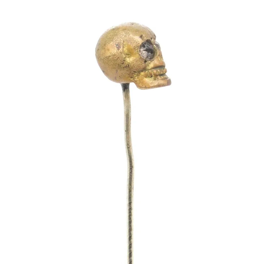 Old or Antique Estate Bronze Skull Memento Mori Stick Pin With Glass Eyes - 7