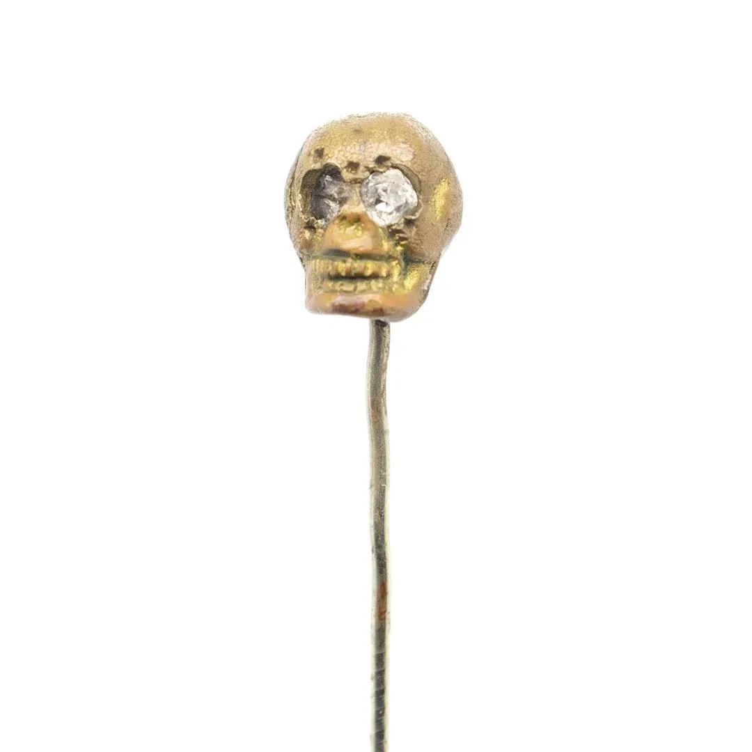 Old or Antique Estate Bronze Skull Memento Mori Stick Pin With Glass Eyes - 8