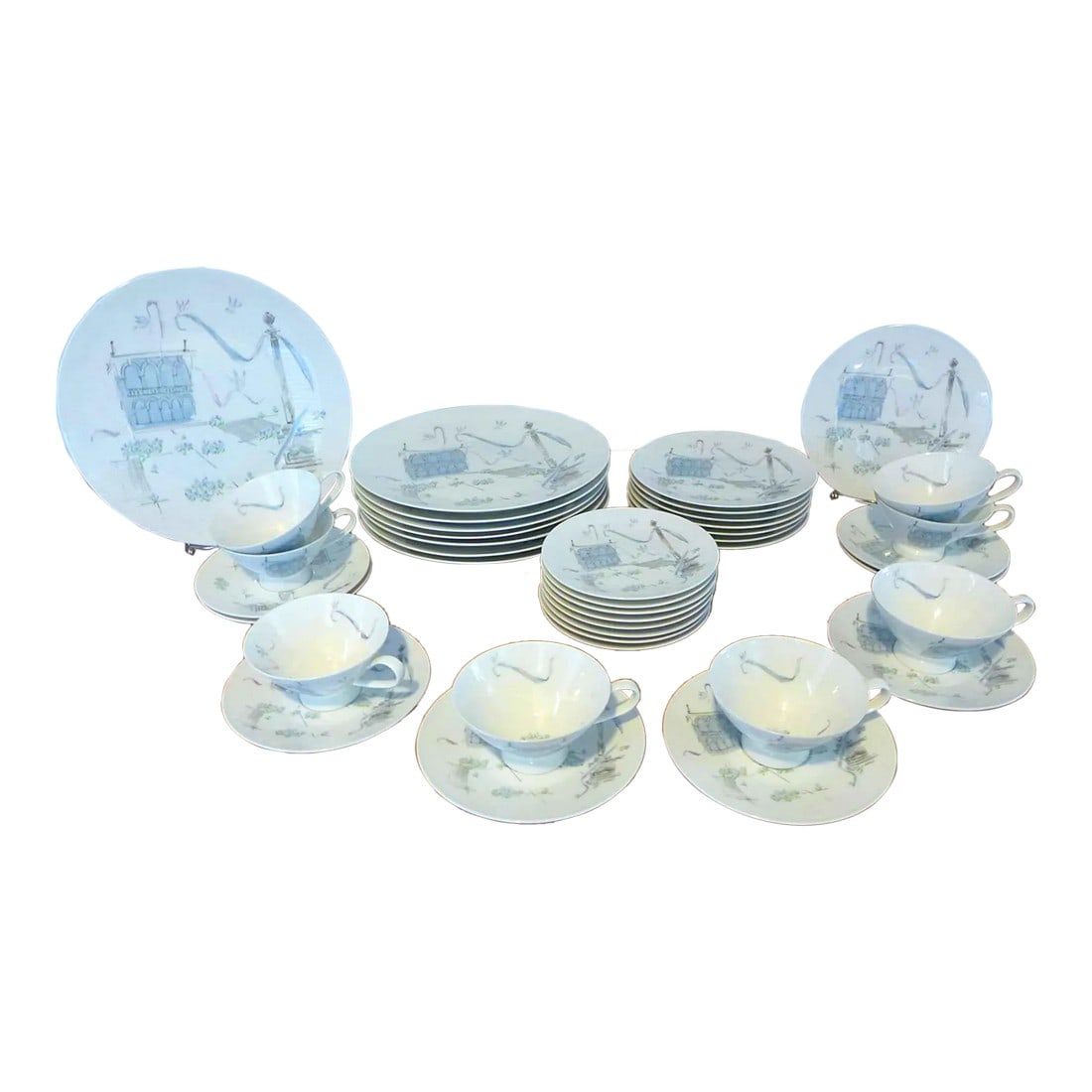 1960s Rosenthal Plaza 40 Piece China Set 8 Place Settings Raymond Loewy German: Rosenthal Plaza 40 Piece China Set - 8 Place Settings A rare find! 8 Place settings in excellent condition! Delicate porcelain china has a classic round design. Each piece decorated with a European pl