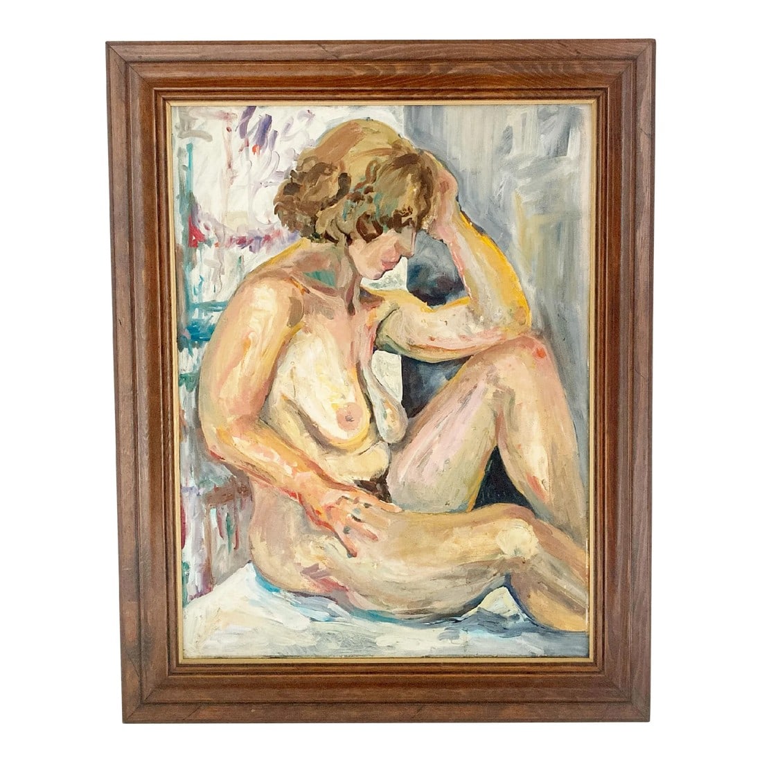 1980s Vintage Female Nude Acrylic Portrait, Framed and Signed: This beautifully composed nude, with broad colorful brushstrokes, creates an intimate look at a middle-aged woman comfortable in her own skin, obviously posing for this piece. It is evocative without