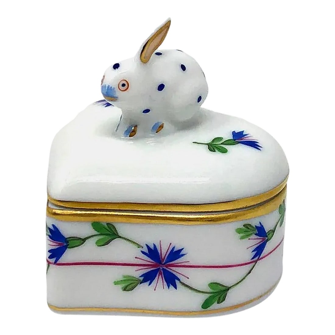 Late 20th Century Herend Heart Shaped Porcelain Trinket Box With Bunny Lid: This hand painted Herend heart shaped porcelain trinket box with bunny lid is in excellent condition with no chips or cracks. Condition: Original Condition Unaltered; Some Imperfections; In excellent