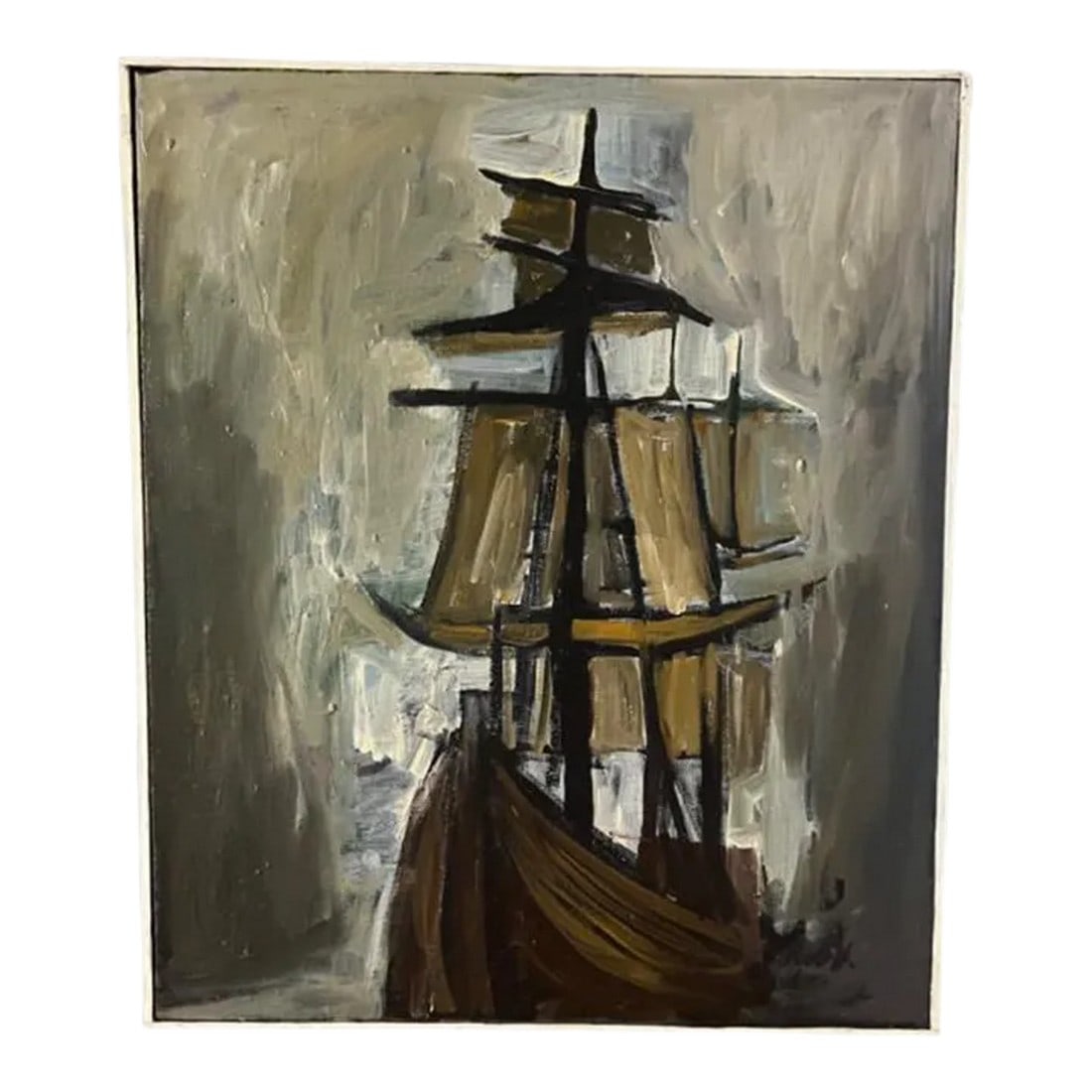 Vintage Oil Painting Ship Boat Pirates Masts Earth Tones Framed Signed: Ahoy! Wonderful mid-century oil painting of a ship The last photo lets you see the sheen of the oil as well as the artist's signature. It looks like€œPickett" to me. The frame is thin on th
