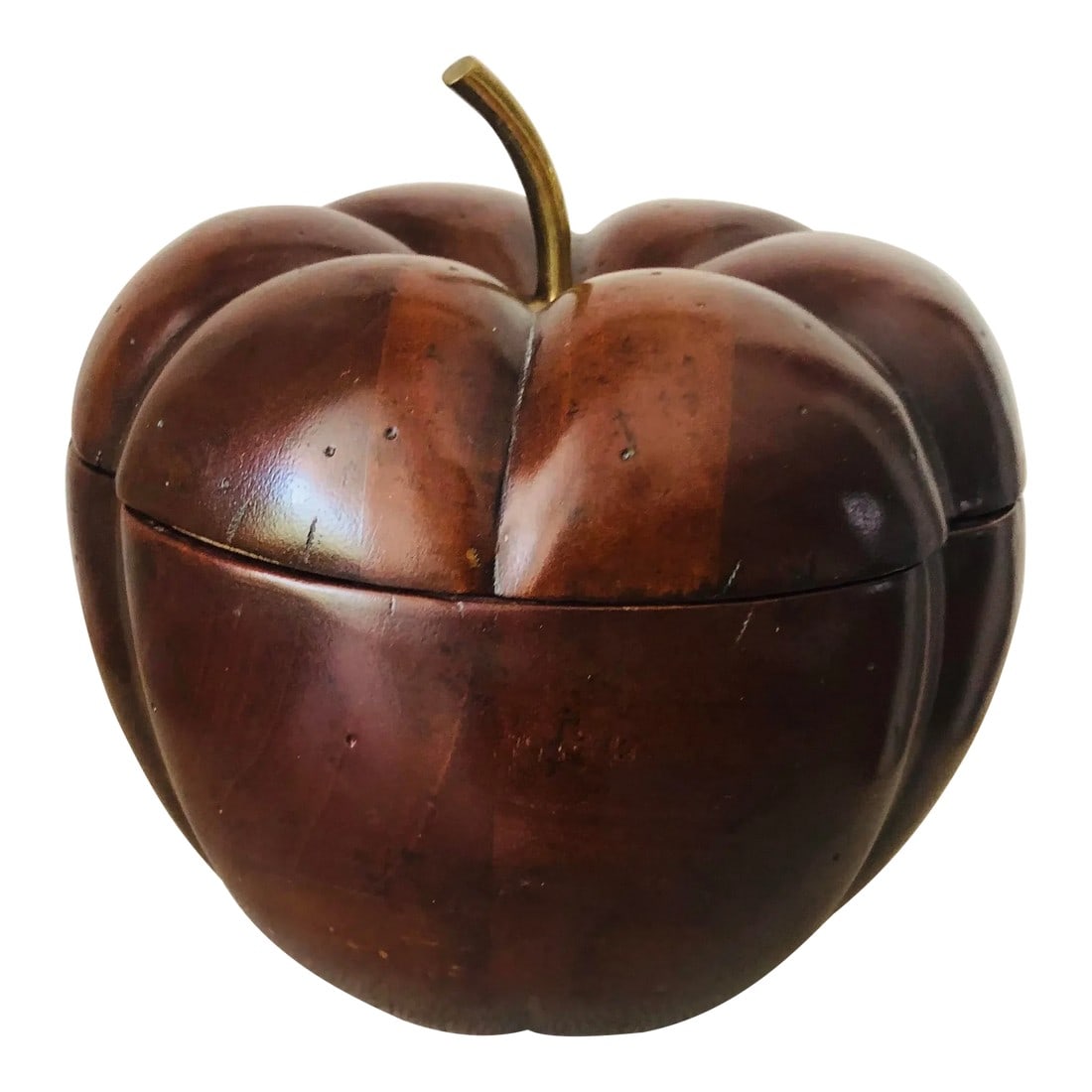 Vintage Maitland Smith Lidded Wood Mellon Tea Caddy Box With Brass Stem: Exquisite Maitland Smith Lidded wood Mellon tea caddy Box with Brass Stem and beautiful wood interior. Measures 7" across diameter and 6.5" height. Label on bottom of box. From Maitland Smith: For ove