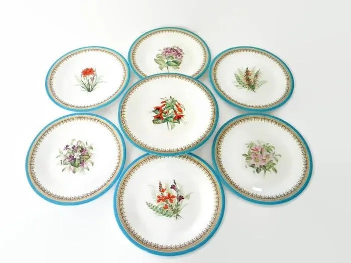 Antique Royal Worcester Victorian Floral Turquoise Dessert Plates and Compote - Set of 7 - 13