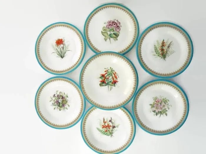 Antique Royal Worcester Victorian Floral Turquoise Dessert Plates and Compote - Set of 7 - 2