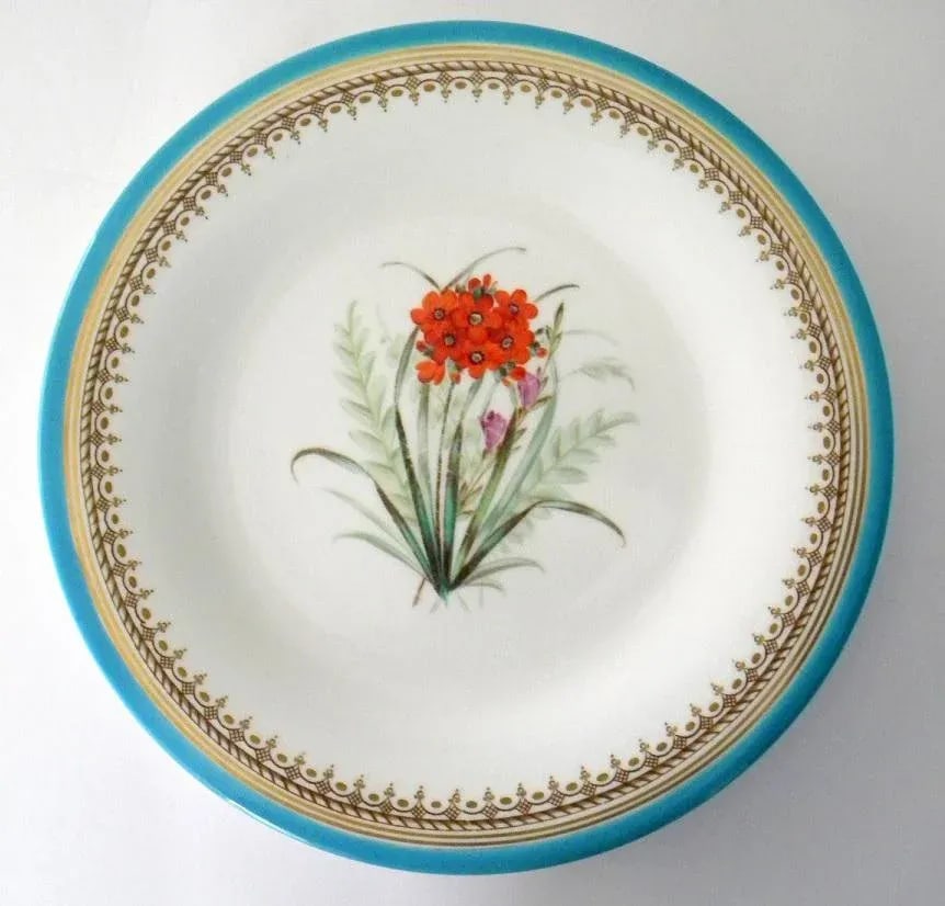 Antique Royal Worcester Victorian Floral Turquoise Dessert Plates and Compote - Set of 7 - 5