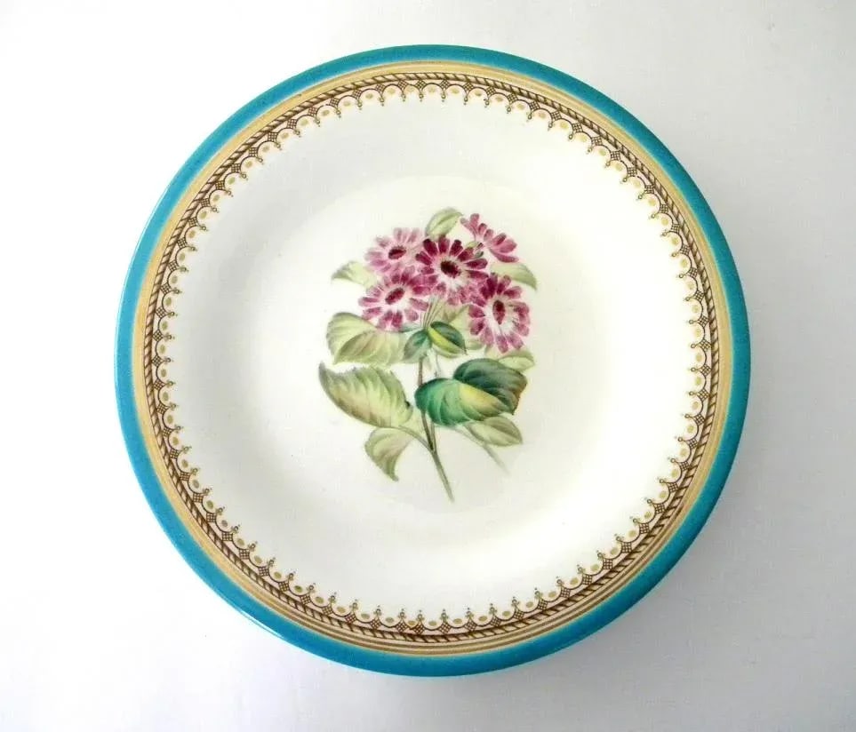 Antique Royal Worcester Victorian Floral Turquoise Dessert Plates and Compote - Set of 7 - 6