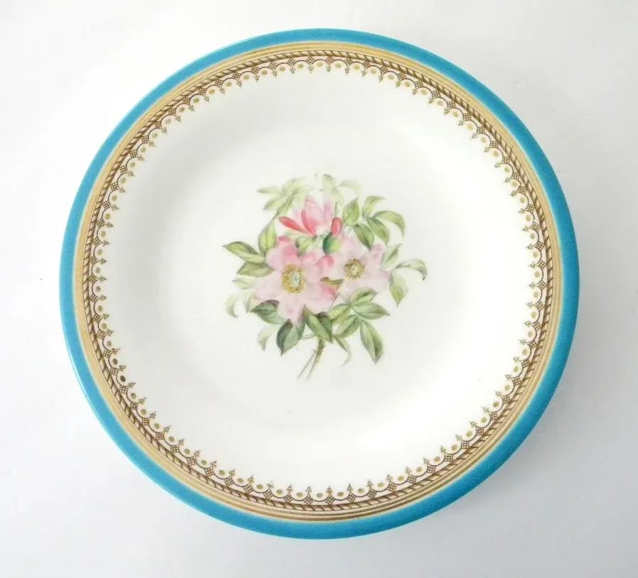 Antique Royal Worcester Victorian Floral Turquoise Dessert Plates and Compote - Set of 7 - 8