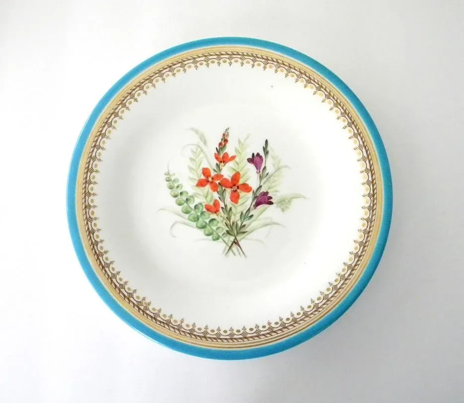 Antique Royal Worcester Victorian Floral Turquoise Dessert Plates and Compote - Set of 7 - 9