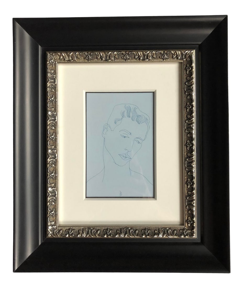 Andy Warhol Male Figure Postcard Print in Black and Silver Frame: Andy Warhol postcard print of a male figure framed and matted in an ornate black and silver frame. Condition: Original Condition Unaltered; Some Imperfections; Terrific condition! Dimensions: Height: