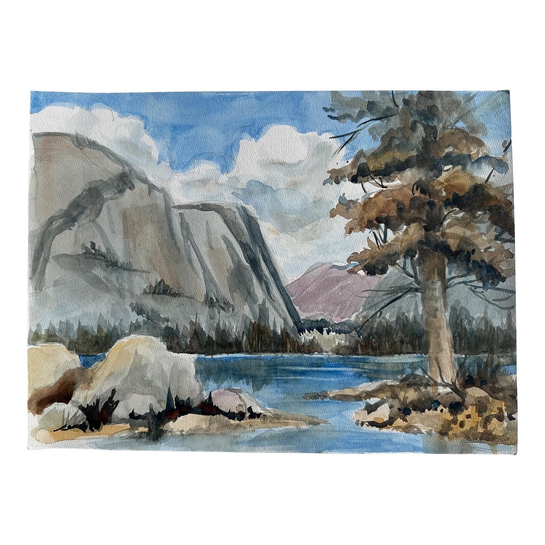 1960s Watercolor Landscape Painting of Crystal Blue Lake: A calm and serene watercolor landscape with a lake and hills in the distance. I love the cotton-like clouds against the vivid blue sky. This would look great in so many types and colors of frames: bla