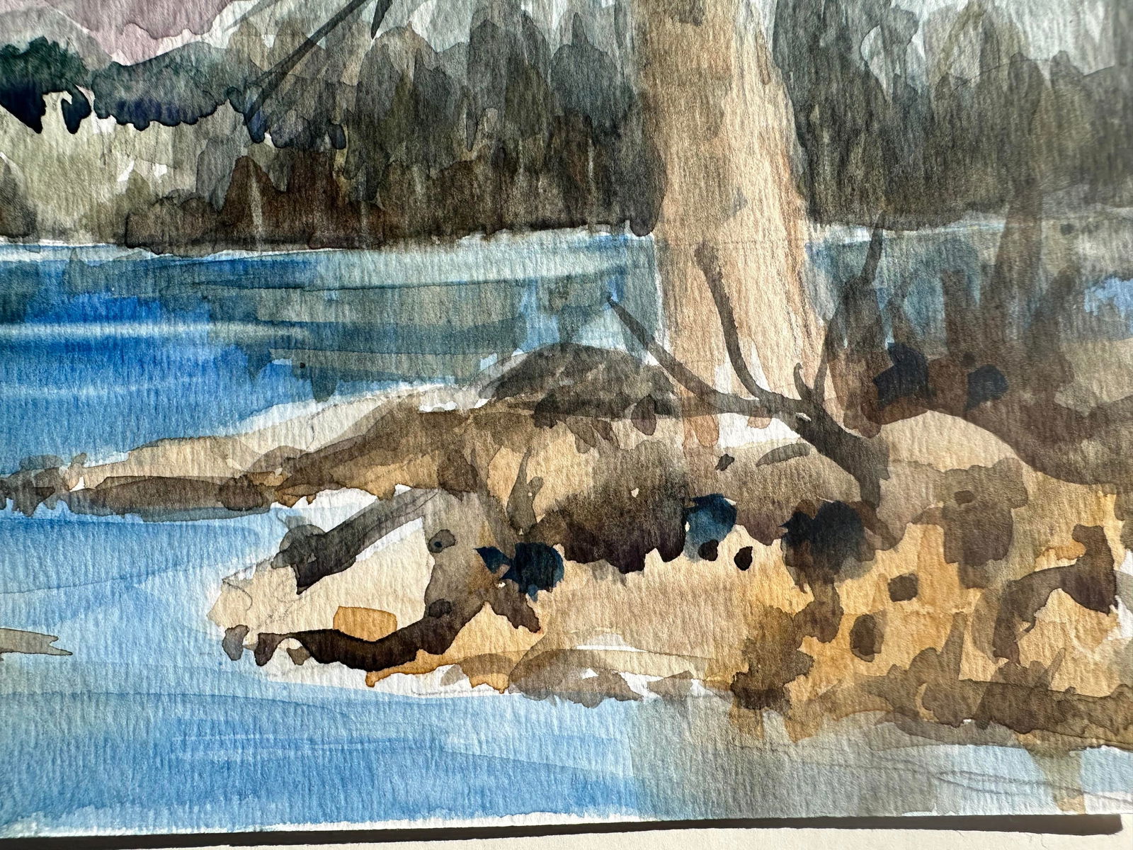 1960s Watercolor Landscape Painting of Crystal Blue Lake - 4