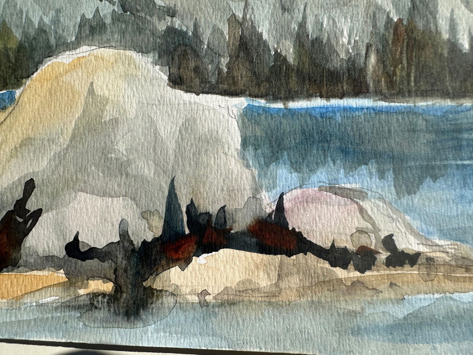 1960s Watercolor Landscape Painting of Crystal Blue Lake - 5