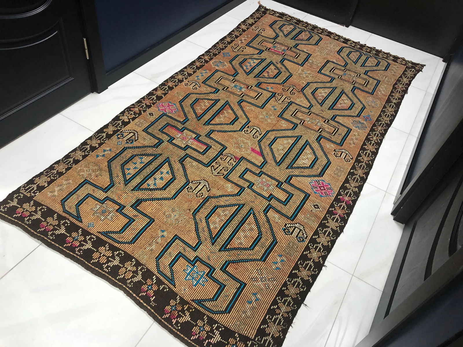 Geometric Design Turkish Anatolian Vintage Area Kilim Rug 4'8" x 9'1" - 3