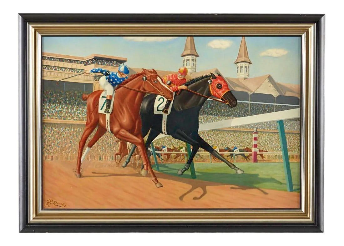 1960s Vintage Kentucky Derby Race Large Acrylic Painting (1 of 4)
