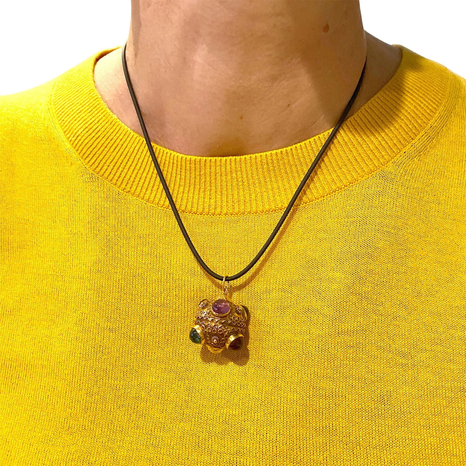 1950s 18k Gold Etruscan Revival Multi Cabochon Gem Pendant / Locket - 2