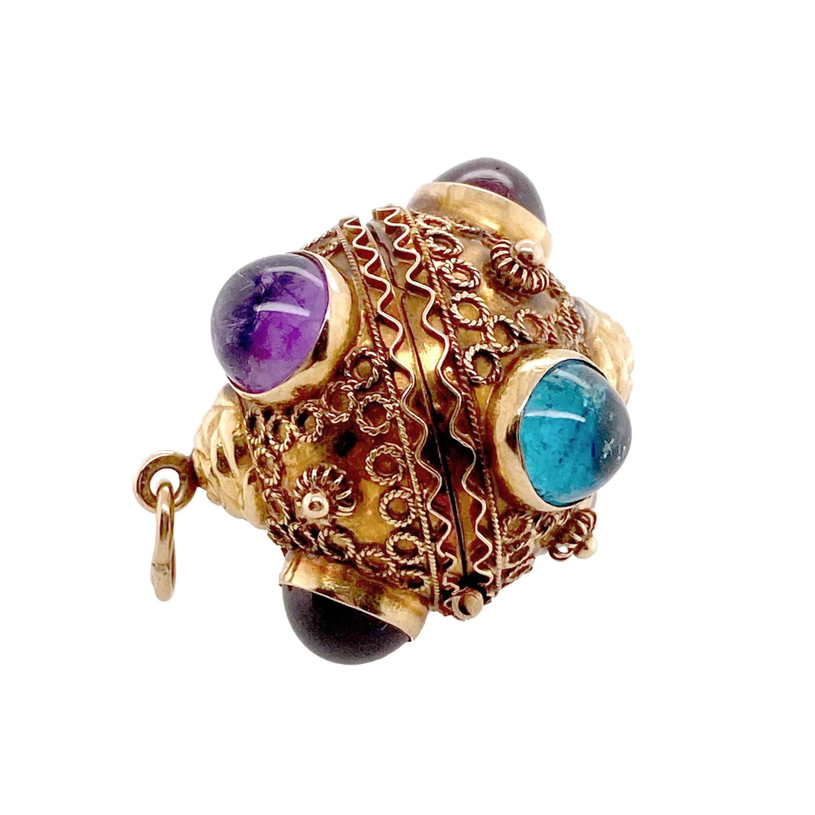 1950s 18k Gold Etruscan Revival Multi Cabochon Gem Pendant / Locket - 4