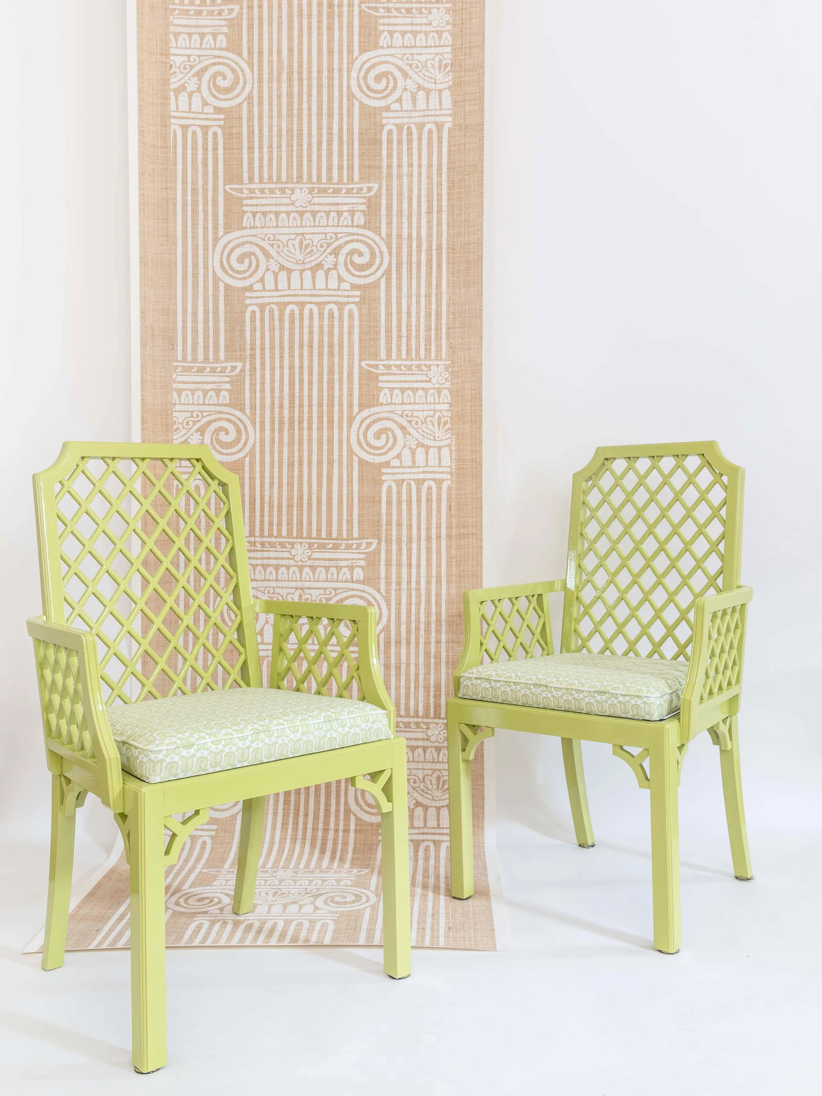 Set of 2 Green Lattice Detailed Chairs With Palm Orleans Tulipes De Marche in Garden District Fabric - 6