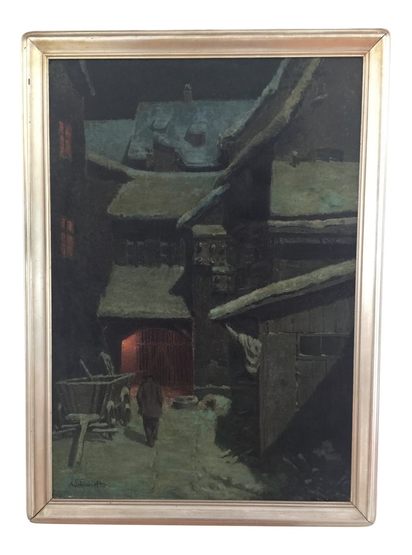 1960s Vintage Albert Schmidt Framed Oil Painting: Albert Schmidt was a Swiss artist painter born in Geneva 1883 -1970 .This beautiful nocturne oil painting is done on canvas board. This painting has small cracks , but the paint do not fell off. The O