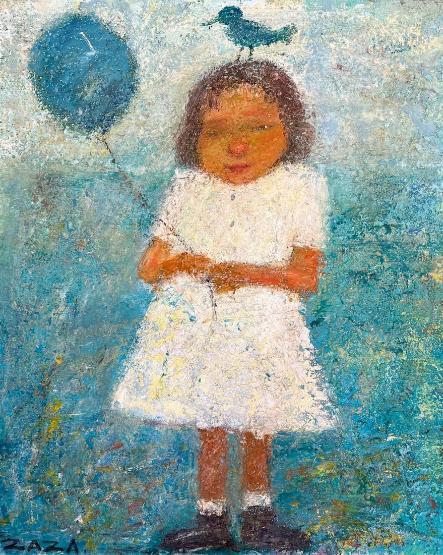 Girl With Blue Balloon 2005 Large Statement Piece Oil Painting by Zaza Khabuliani, Original, Signed: Zaza Khabuliani (b. 1966, Republic of Georgia) Title: "Girl with Blue Balloon" Medium: Oil on Canvas, Layered Impasto Paint Dimenions: 31" Ã— 38" Markings: Signed lower left "Zaza" Signed &