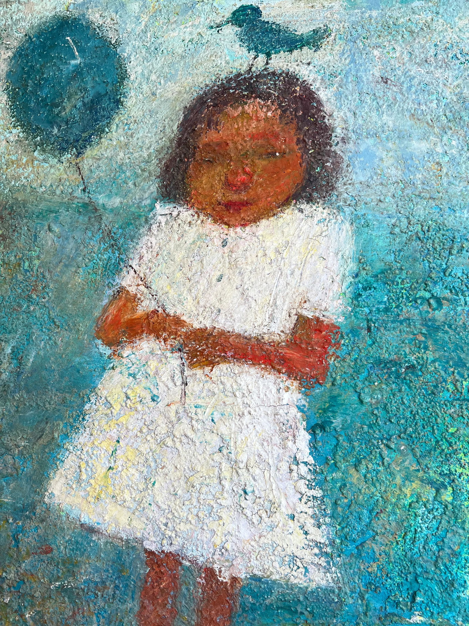 Girl With Blue Balloon 2005 Large Statement Piece Oil Painting by Zaza Khabuliani, Original, Signed - 2