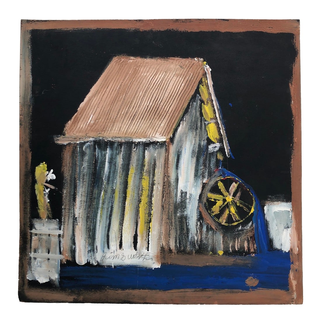 Mid 20th Century Jimmy Lee Sudduth Painting of a Gristmill Where He Worked: Jimmy Lee Sudduth (2010-2007) Outsider Art painting of the gristmill where he worked most of his life. Signed "Jim Sudduth". 24" x 24" on 1/4 inch plywood. Painted and signed in 2003 when Jimmy Lee