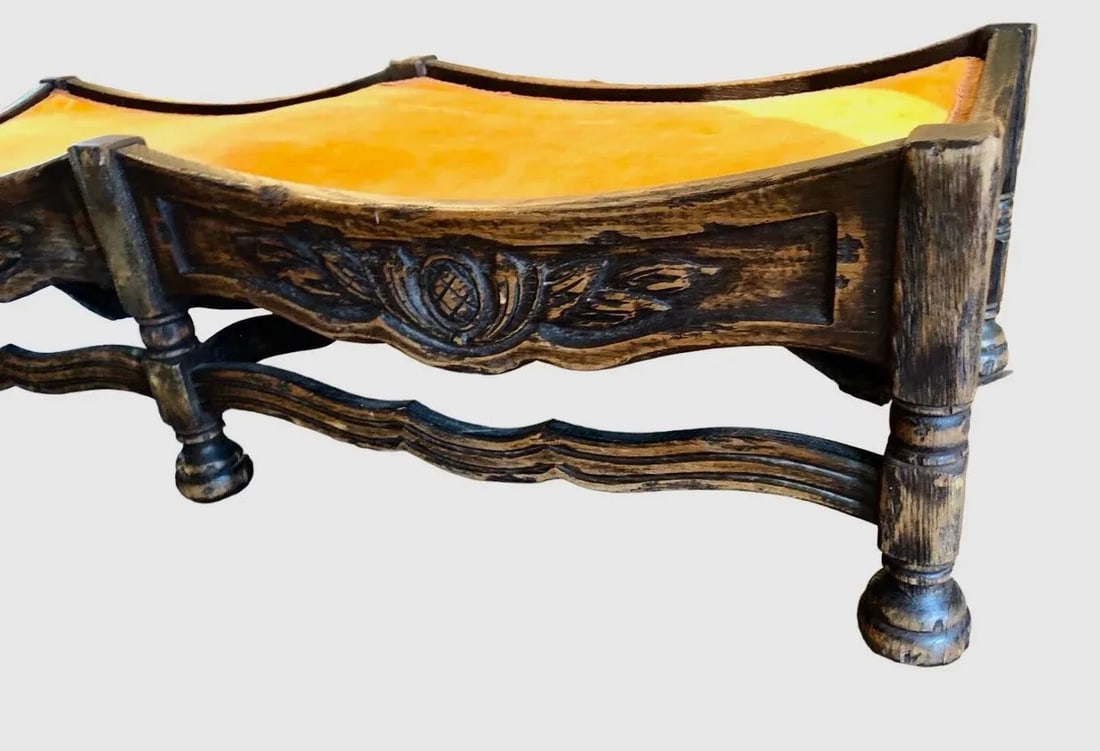 Antique Hardwood Hand Carved Low Upholstered Bench by O'Conner, Moffat & Co. Furniture - 7