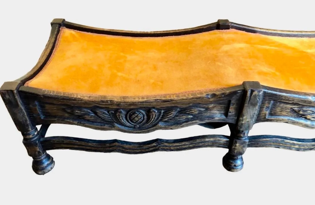 Antique Hardwood Hand Carved Low Upholstered Bench by O'Conner, Moffat & Co. Furniture - 9