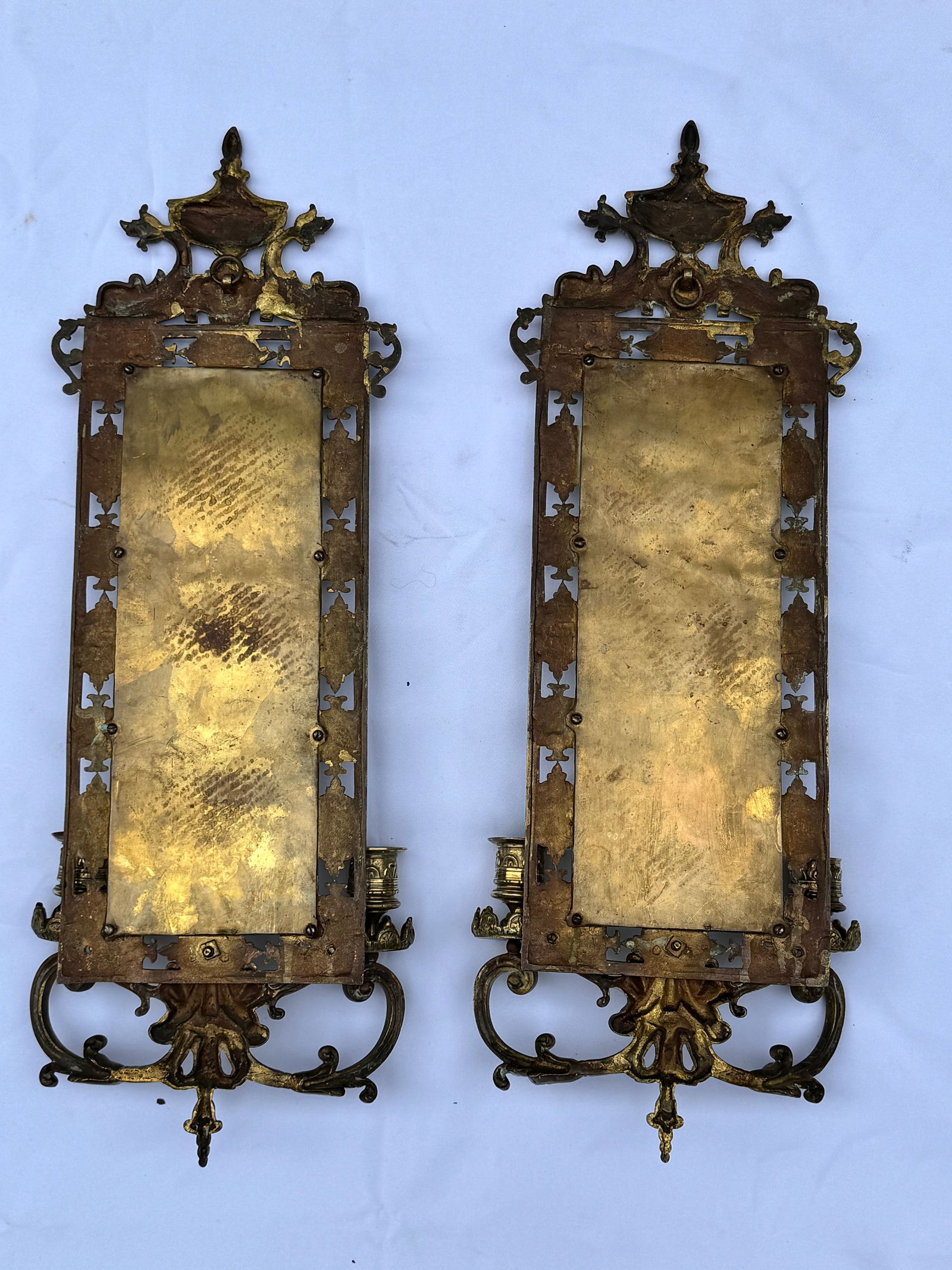 Pair of Mid 19th Century Renaissance Revival Brass Wall Sconce Mirrors - 2