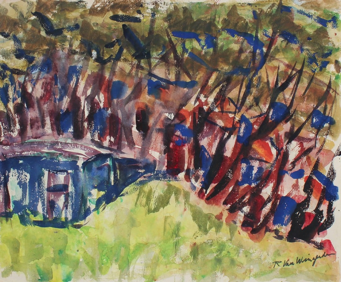 Richard Van Wingerden Expressionist Bay Area Landscape in Watercolor, Mid Century Circa 1950 (1 of 3)