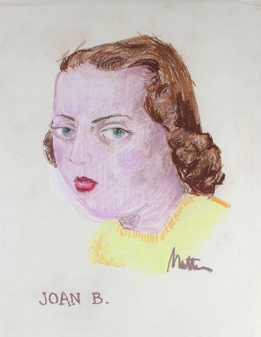 Rip Matteson "Joan B." Portrait Illustration of Girl With Red Lipstick in Pastel, Circa 1945 Circa 1: This circa 1945 pastel on paper portrait of "Joan B." with red lipstick and a yellow shirt is by Oakland artist Rip Matteson (1920-2011). Matteson was educated at U.C. Berkeley, C.C.A.C, Scuola di Bel