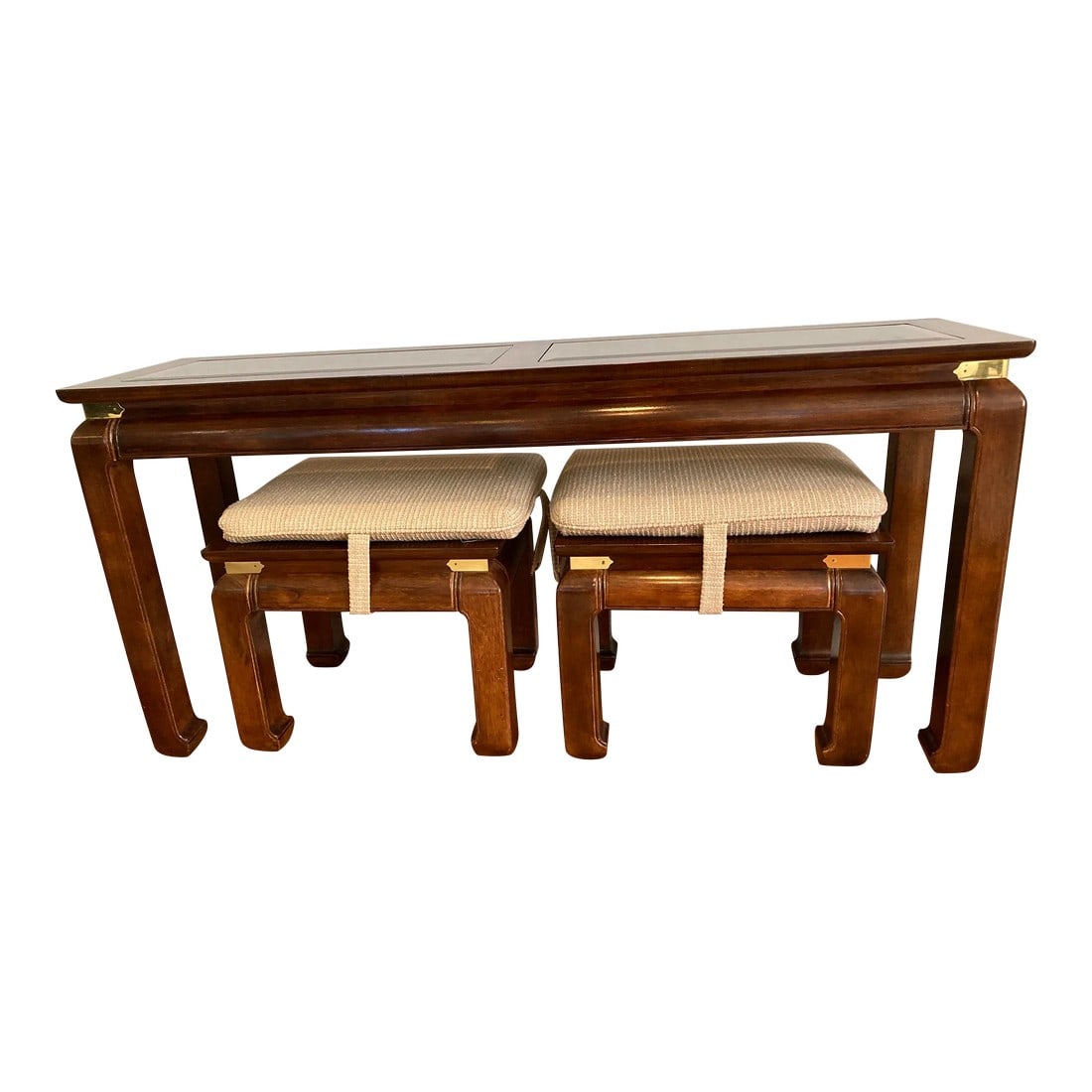 1970s Champaign Style Console Table With 2 Ottomans by Bernhardt - Set of 3 (1 of 6)