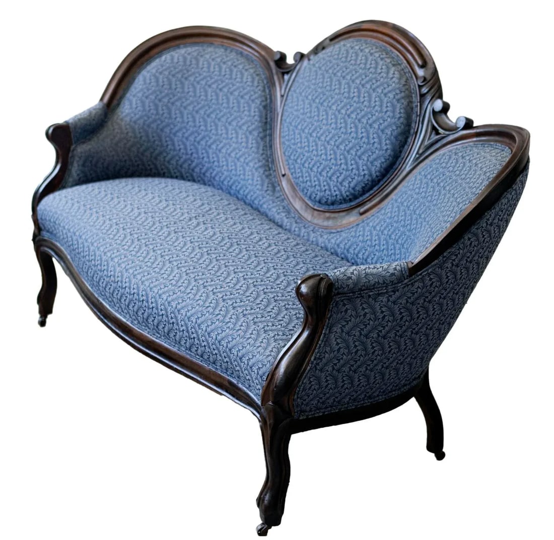 Early 1900s Victorian Ebonized Walnut Sofa in Blue - 3