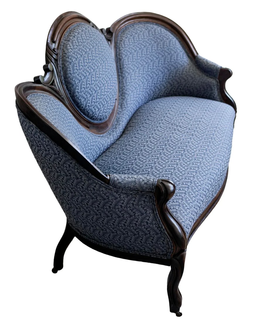 Early 1900s Victorian Ebonized Walnut Sofa in Blue - 4