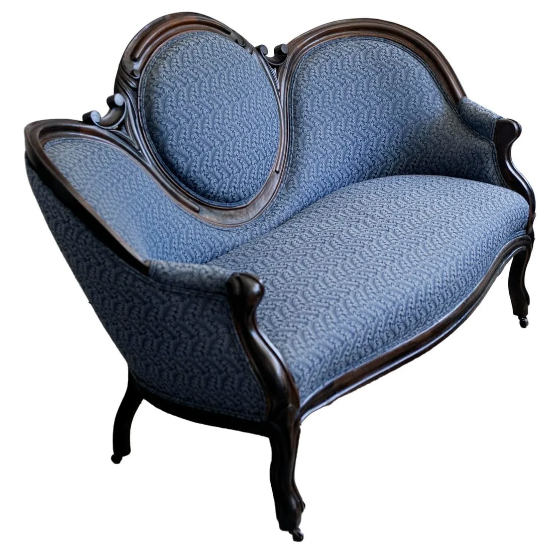 Early 1900s Victorian Ebonized Walnut Sofa in Blue - 6