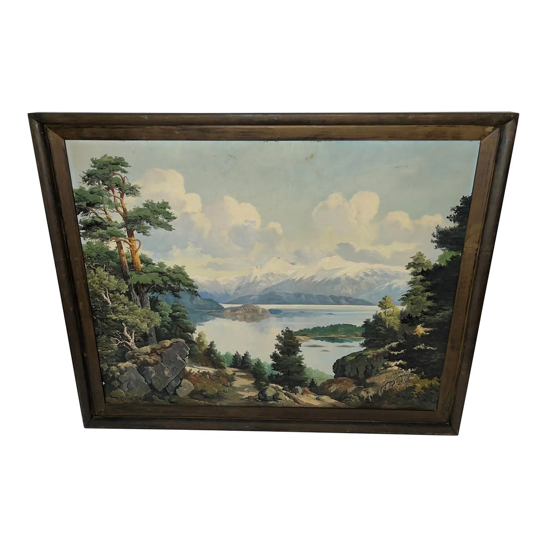 Jens Tvedt Large Oil on Masonite Painting of Mountain Lake & Mountain Scenery, Framed: A large Vintage Oil on Masonite board painting by Norwegian artist Jens Tvedt 1857-1935. A snowy mountain backdrop with a lake and trees. A powerful scene. Condition: Original Condition Unaltered;