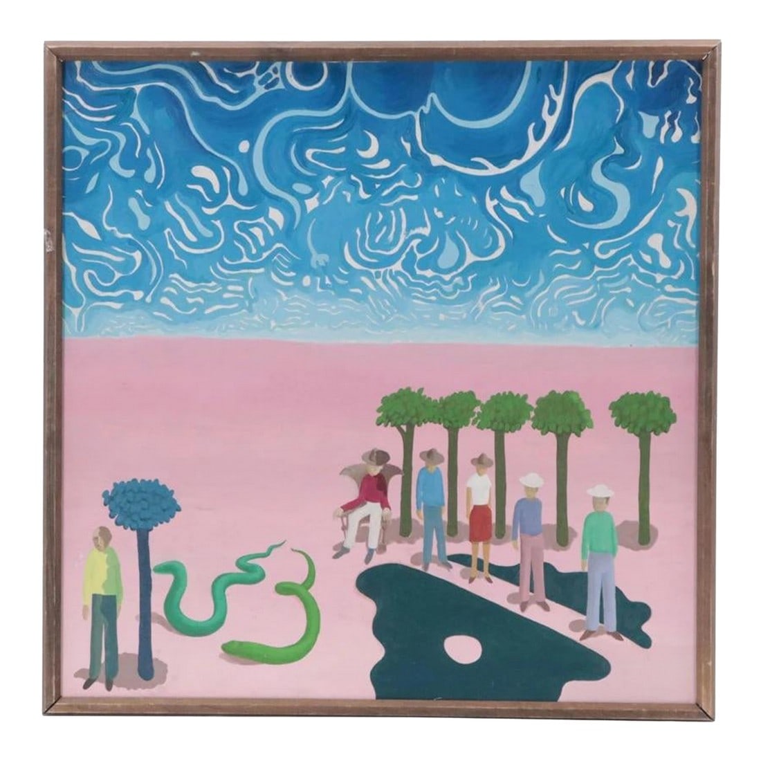1970s Surrealist Oil Painting on Board, Framed: Vintage oil on board surrealist painting. Depicts several figures standing, palm trees in background with serpents in foreground. Is unsigned. 35443 Condition: Original Condition Unaltered; Some Imper