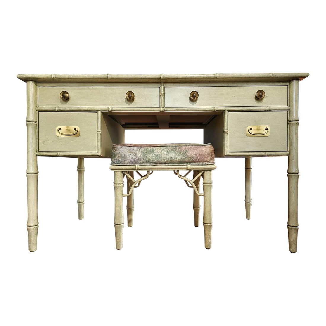 Late 20th Century Ficks Reed Faux Bamboo Writing Desk and Stool - Set of 2: Good to very good condition Ficks Reed faux bamboo desk and matching stool. It is very clean overall with just a few spots of wear. The drawers with brass handles and knobs open and close properly and