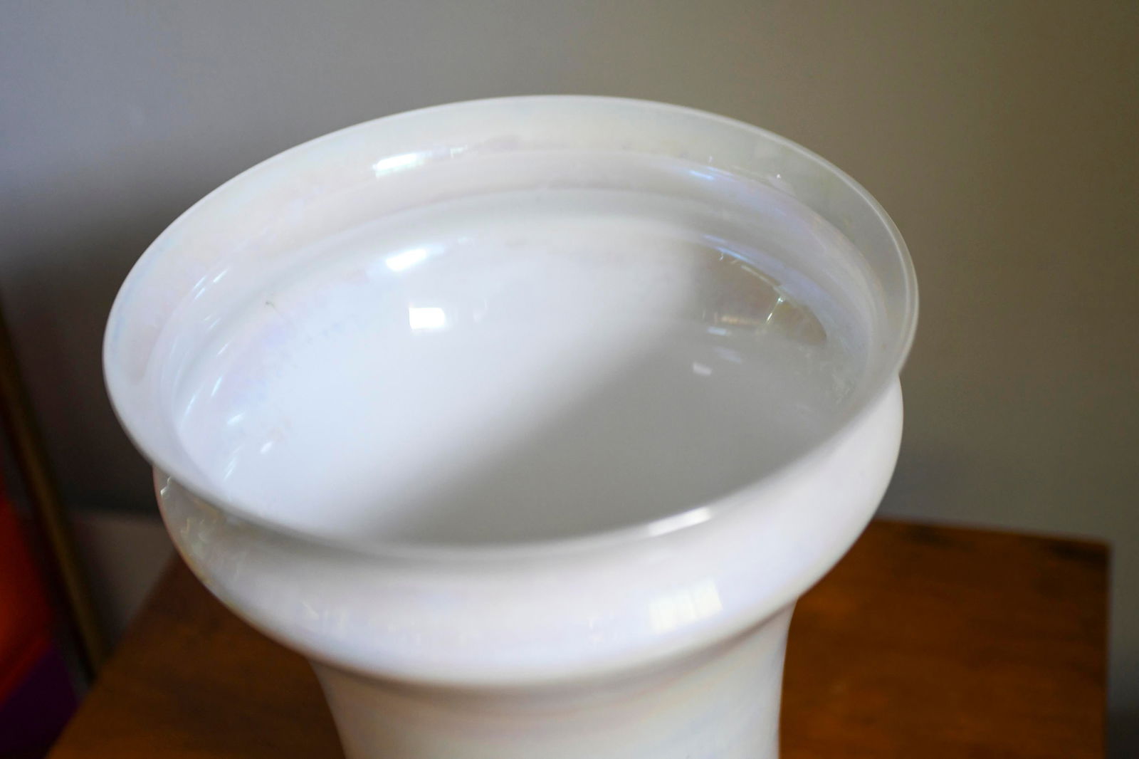 Large Handblown White Opaline Iridescent Glass Modernist Vase - 10