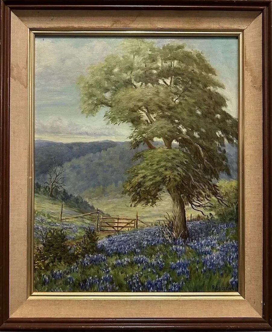 1980s Painting of the Blue Bonnets in the Texas Hill Country by Robert DeLeon, Framed: 16x20 framed oil painting of the blue bonnets in the Texas hill country. Signed in the lower right corner R. DeLeon. A self-taught artist originally from Texas, artist Robert DeLeon currently lives in