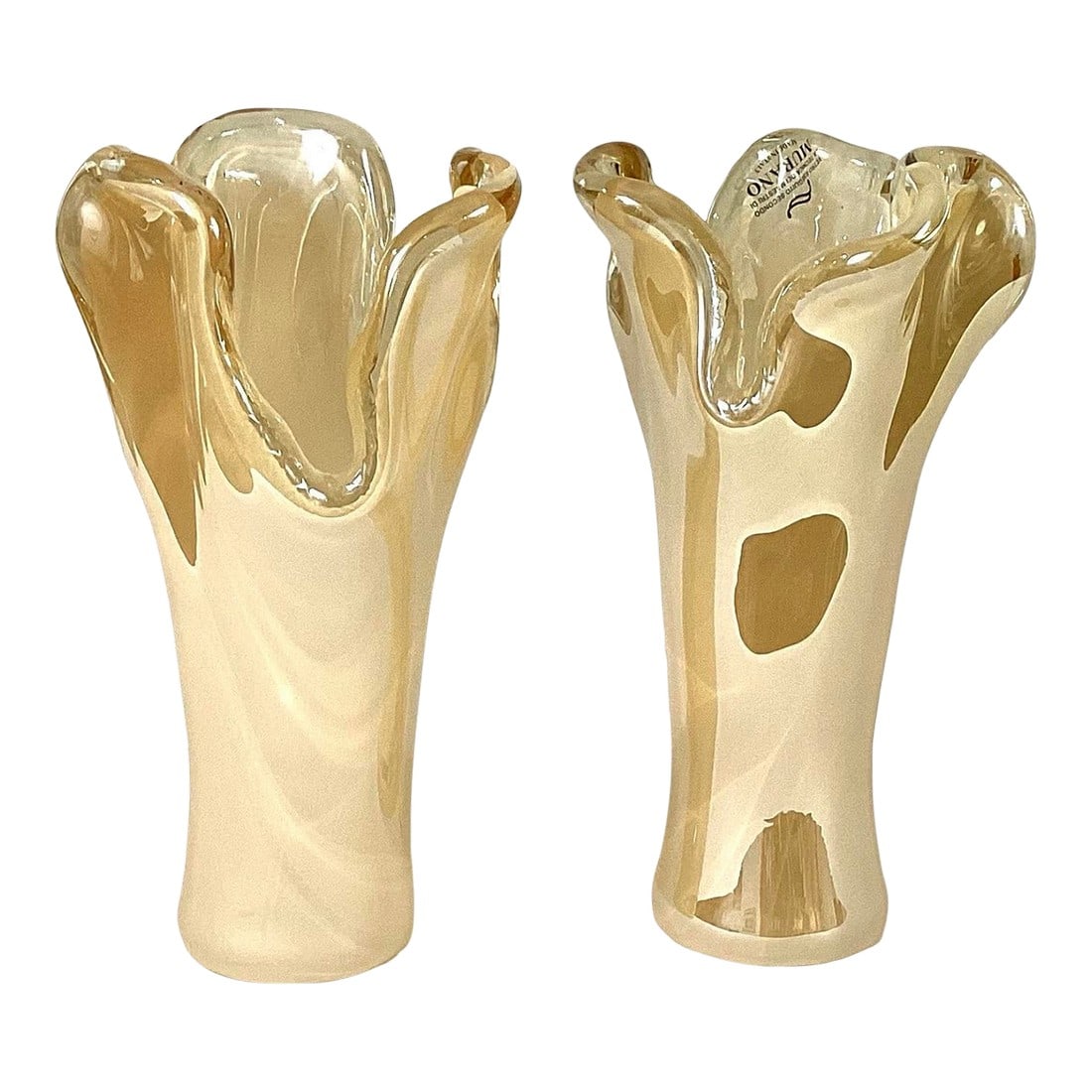 1950s Murano-Gold Swirl,swung and Stretched Art Glass Vases- a Pair: Murano ,-made in Italy - large gold toned swirl art glass vases - they are hand blown, literally swung by the artisan and stretched for this modern abstract effect Both vases still retain the original