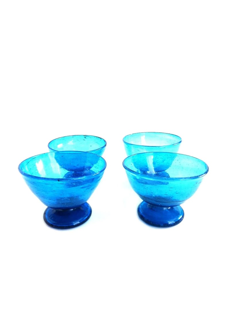 Cobalt Blue Recycled Hand Blown Glass Pedestal Ice Cream Sherbet Bowls- Set of 4 - 2