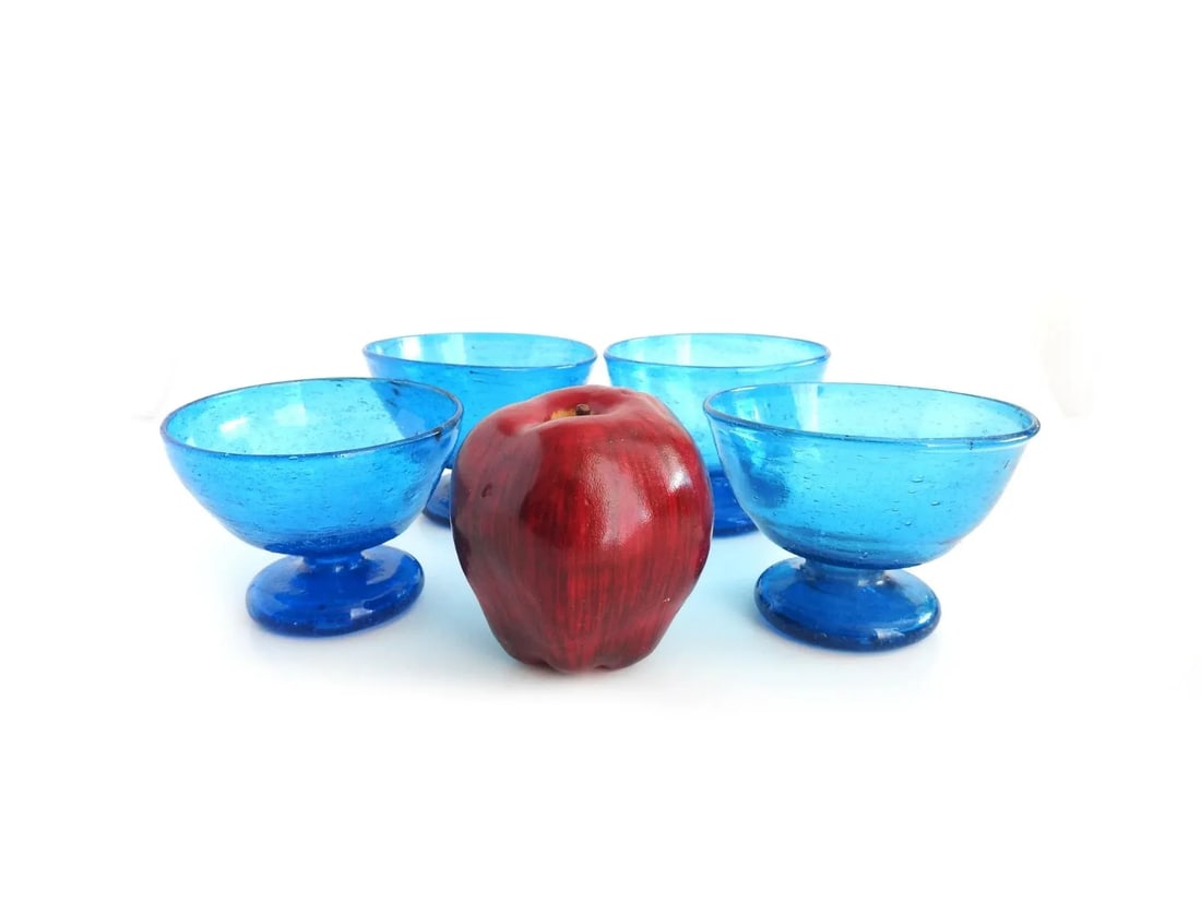 Cobalt Blue Recycled Hand Blown Glass Pedestal Ice Cream Sherbet Bowls- Set of 4 - 3