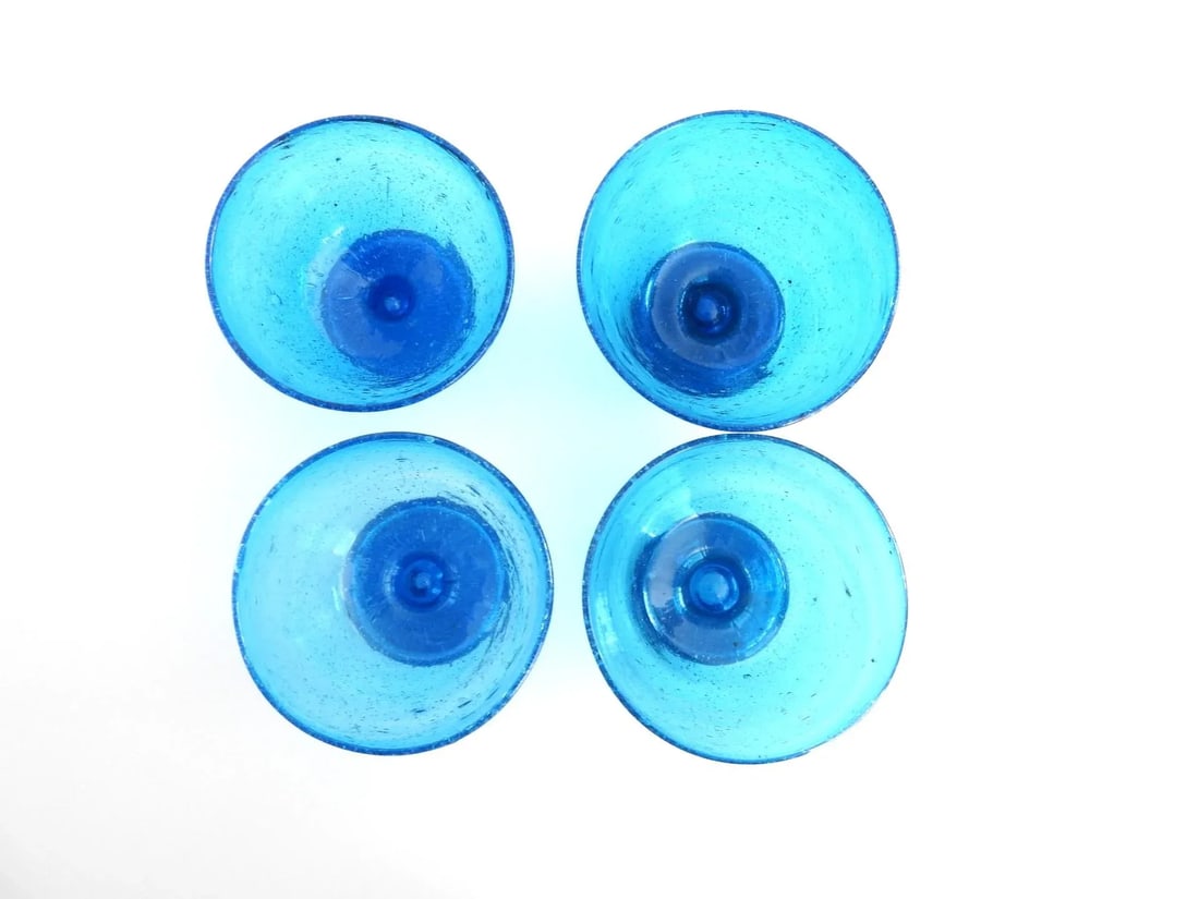 Cobalt Blue Recycled Hand Blown Glass Pedestal Ice Cream Sherbet Bowls- Set of 4 - 8