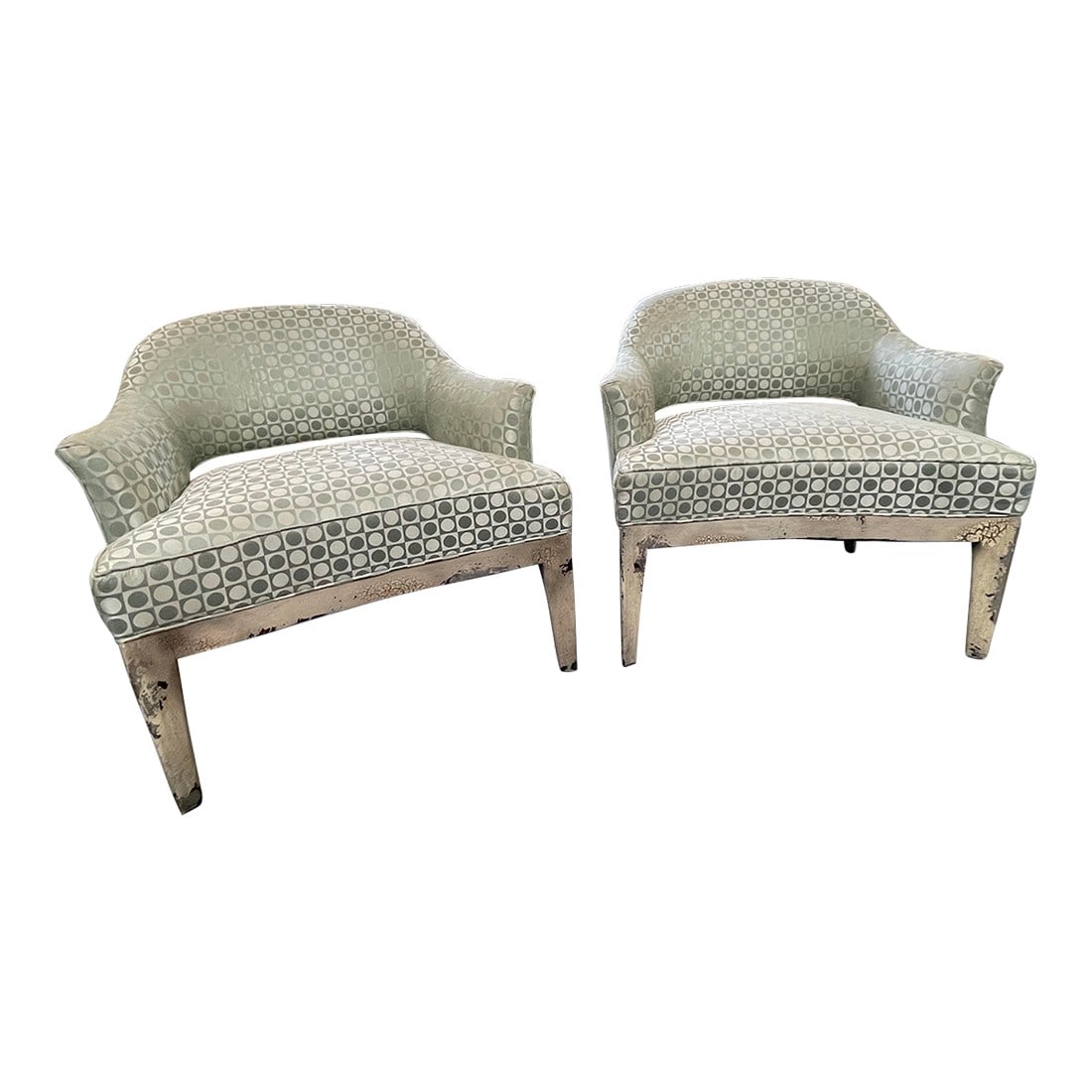 Pair of Late 20th Century Blue Silk Hickory Chair Company Vintage Occaisional Chairs: Stunning pair of vintage Hickory Chair Company occaisional chairs with silver leaf legs. Art Deco in style. Very comfortable Condition: Original Condition Unaltered; Some Imperfections; In pristine co