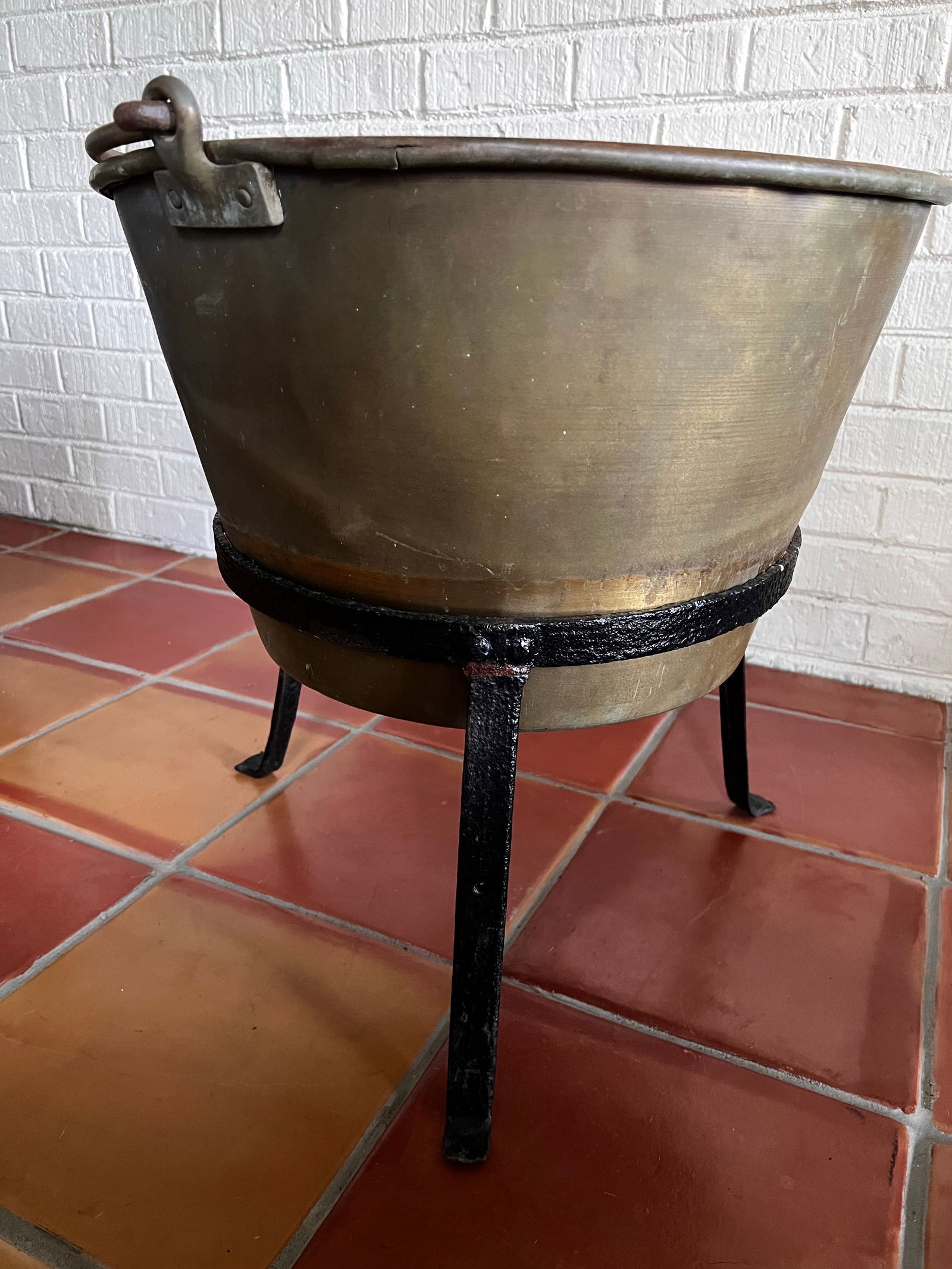 Antique Early American Brass Sugar Kettle With Hand-Hammered Iron Stand - 2