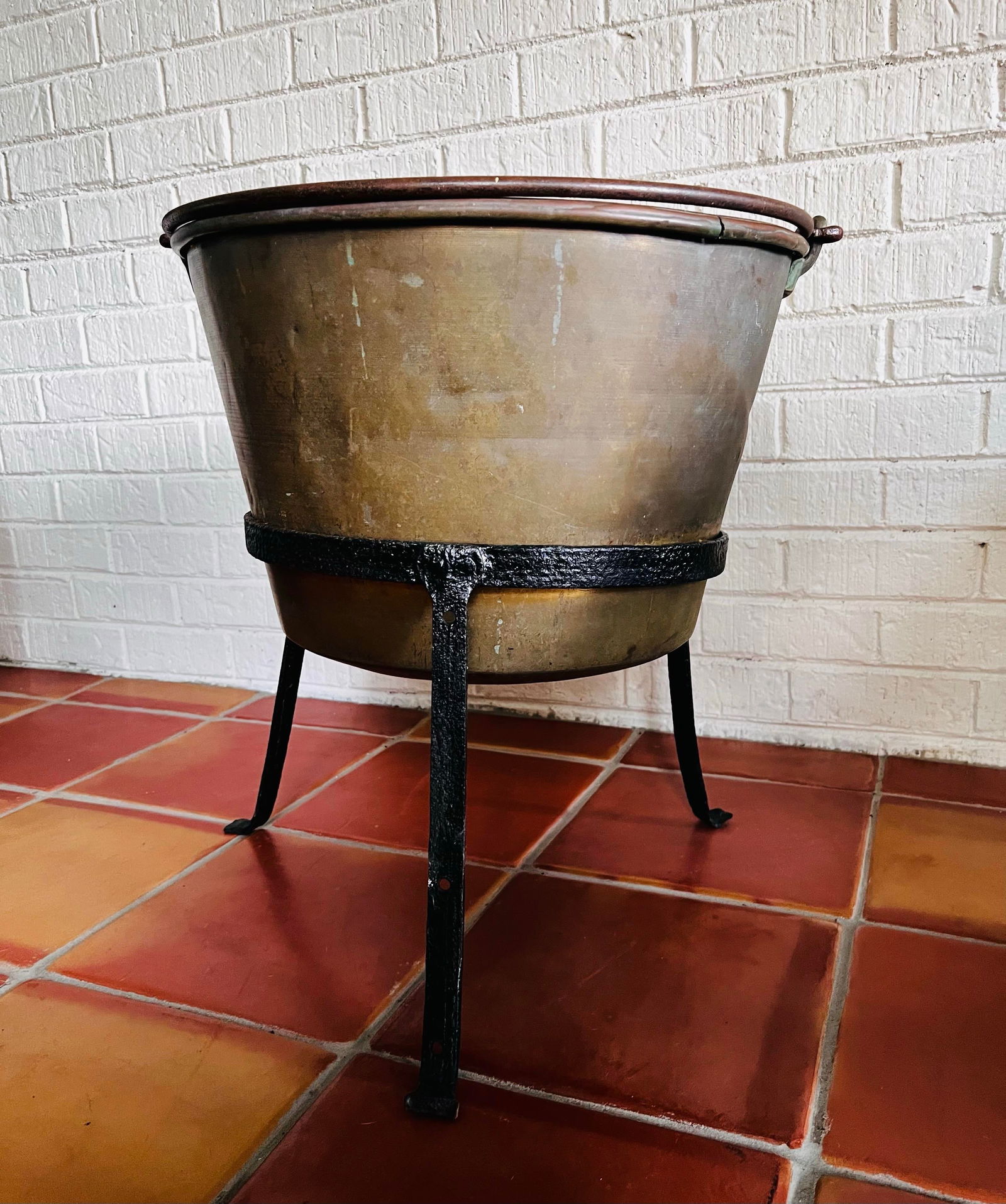 Antique Early American Brass Sugar Kettle With Hand-Hammered Iron Stand - 3