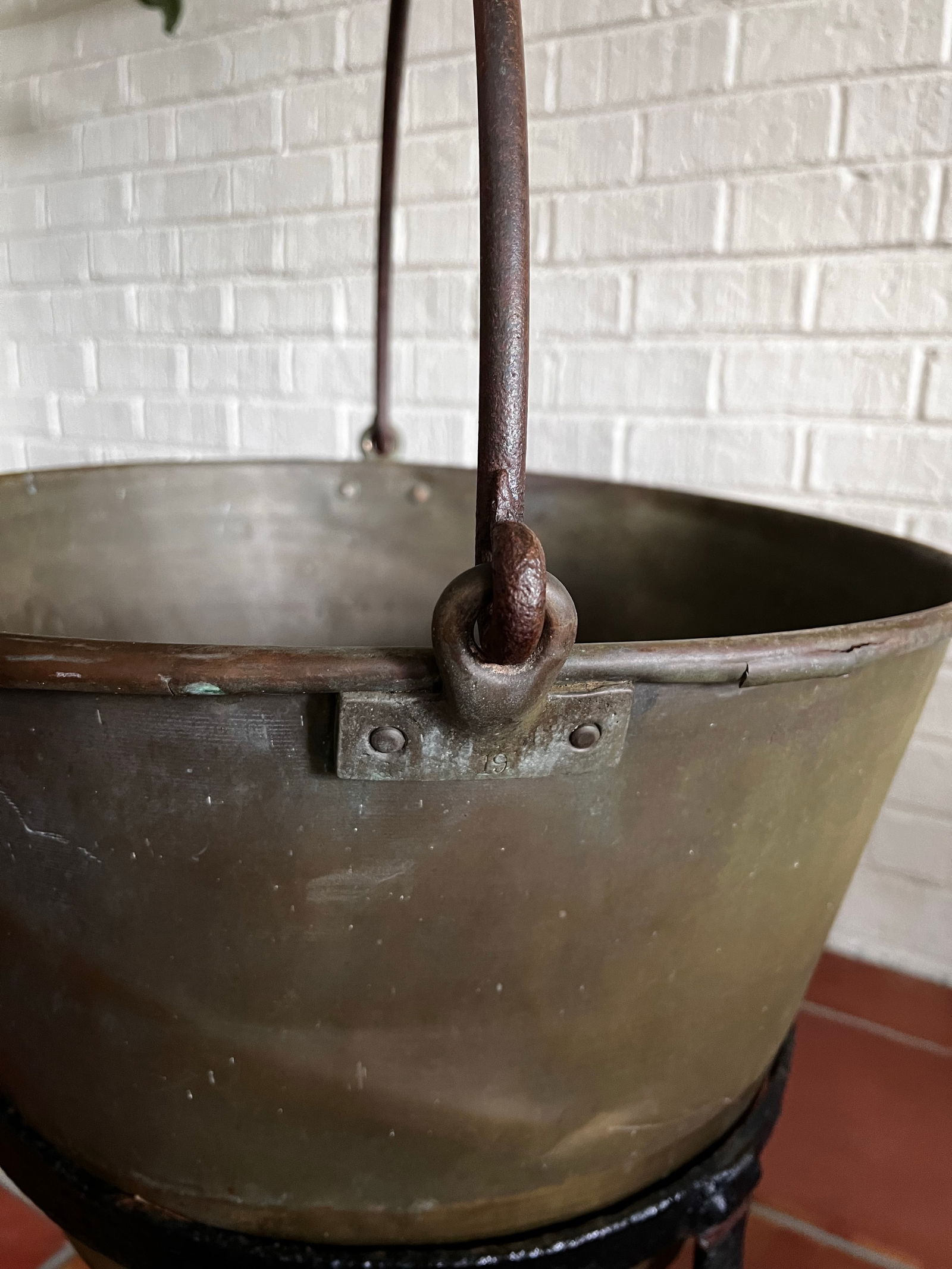 Antique Early American Brass Sugar Kettle With Hand-Hammered Iron Stand - 4