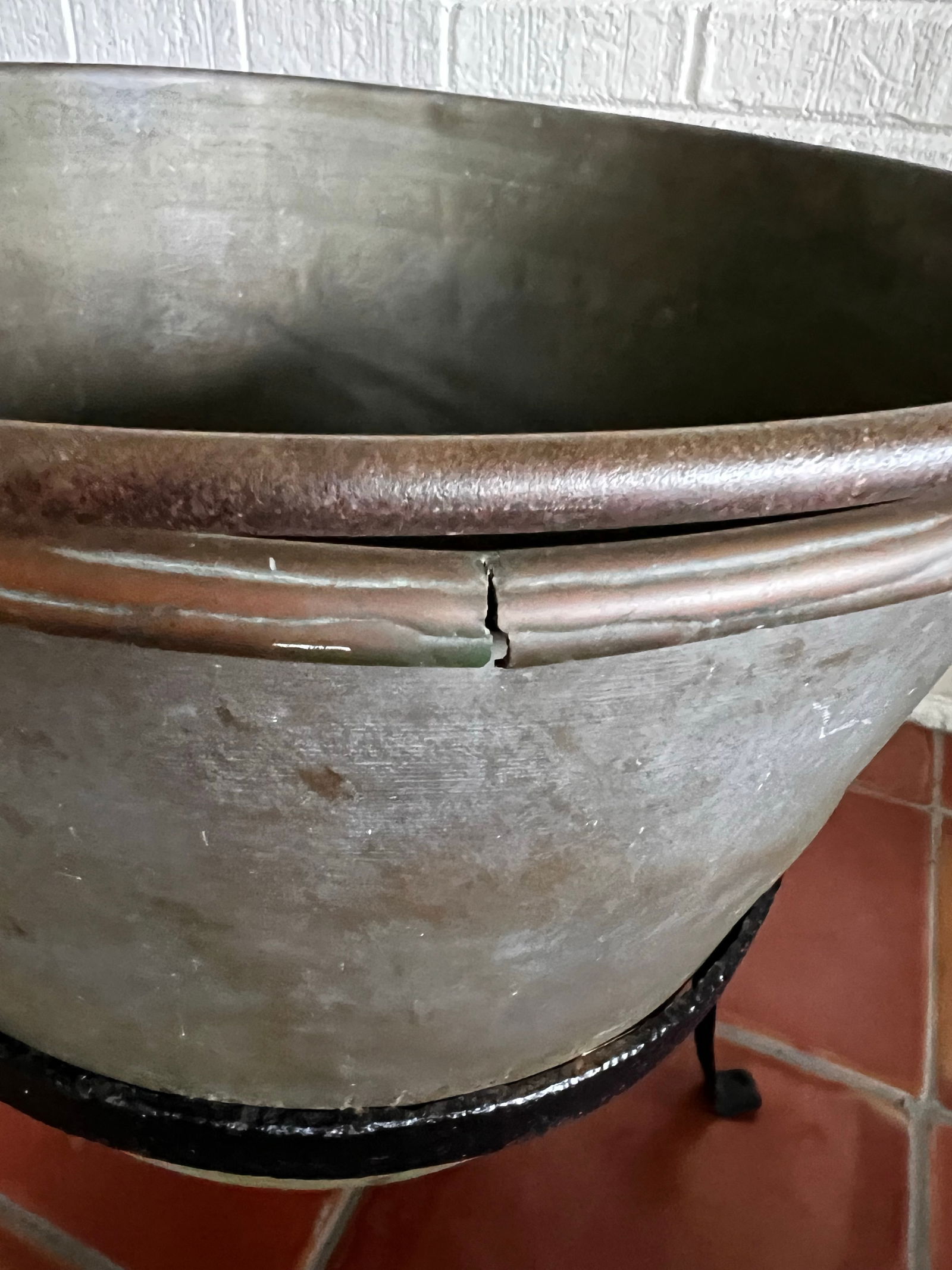 Antique Early American Brass Sugar Kettle With Hand-Hammered Iron Stand - 7